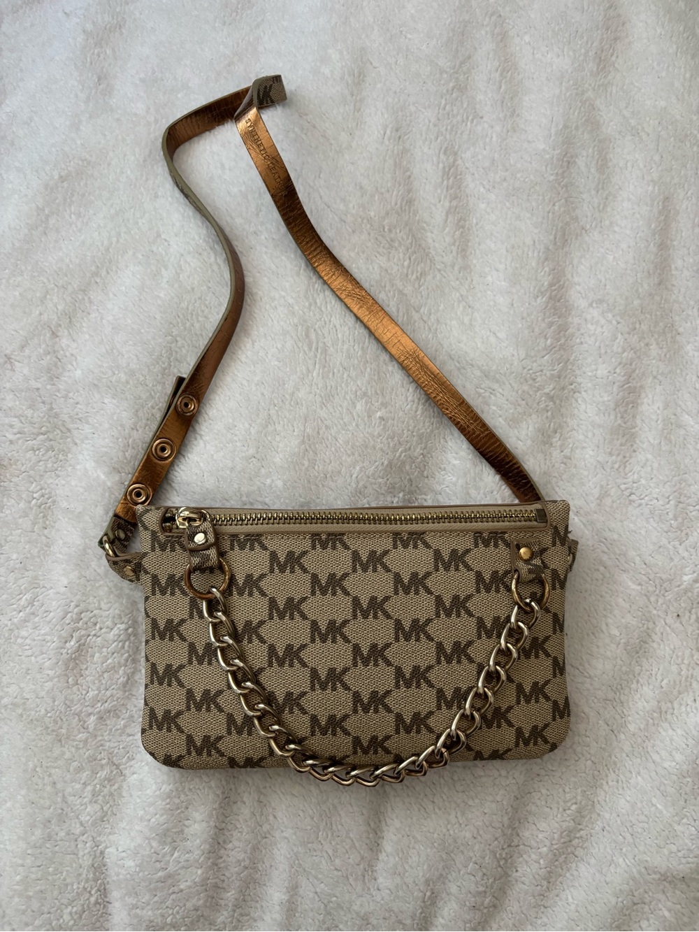 Michael Kors Tan MK Logo Chain Crossbody Bag with Gold Accent